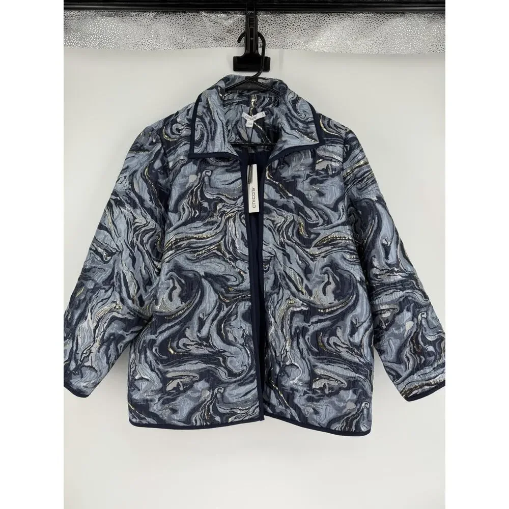 NEW Chico's Blazer Jacket 2 US Large Travelers Jacquard Blue Gold Swirl - Picture 2 of 7
